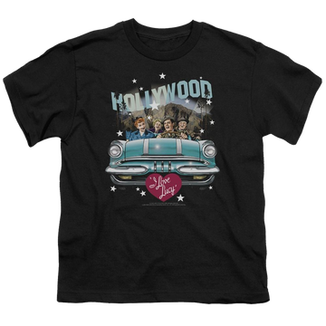 Black youth t-shirt for ages 8 to 12 with I Love Lucy Hollywood Road Trip graphic
