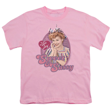 Pink youth t-shirt for ages 8 to 12 with I Love Lucy Sweet & Sassy graphic