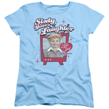 Light blue women's t-shirt with I Love Lucy 60 Years Of Laughter graphic