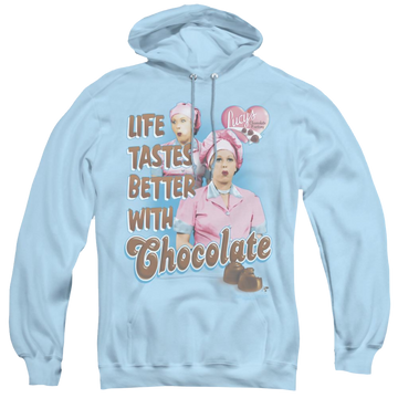 Light blue pullover hoodie with I Love Lucy Better With Chocolate graphic