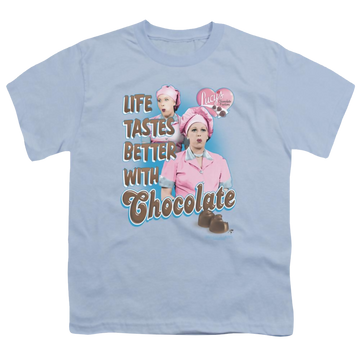 Light blue youth t-shirt for ages 8 to 12 with I Love Lucy Better With Chocolate graphic