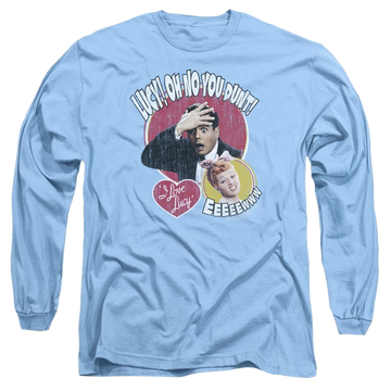 Carolina blue men's long sleeve t-shirt with I Love Lucy Yelling In Spanish graphic
