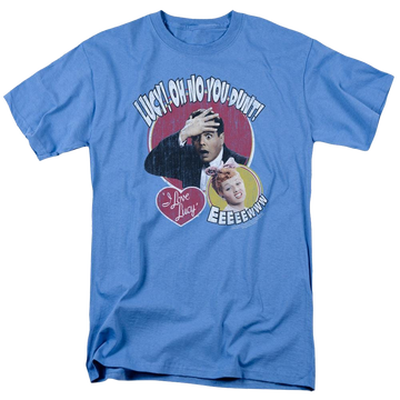 Carolina blue men's regular fit t-shirt with I Love Lucy Yelling In Spanish graphic