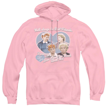 Pink pullover hoodie with I Love Lucy Always Best Friends graphic