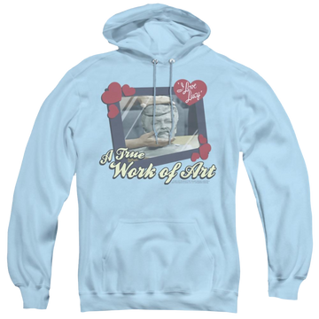 Light blue pullover hoodie with I Love Lucy Work Of Art graphic