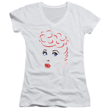 White juniors v-neck t-shirt with I Love Lucy Lines Face graphic