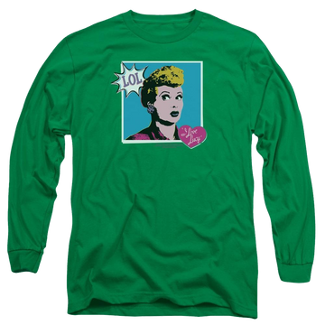 Kelly green men's long sleeve t-shirt with I Love Lucy I Love Worhol Lol graphic