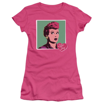Hot pink juniors t-shirt with I Love Lucy I Love Worhol graphic