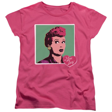 Hot pink women's t-shirt with I Love Lucy I Love Worhol graphic