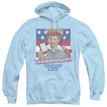 Light blue pullover hoodie with I Love Lucy Health Care graphic