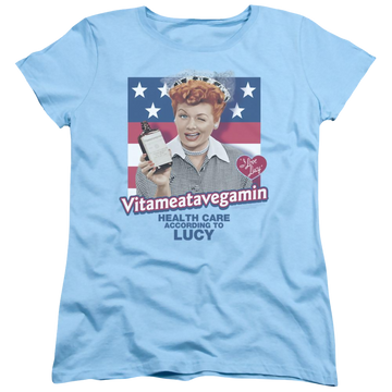 Light blue women's t-shirt with I Love Lucy Health Care graphic