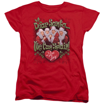 Red women's t-shirt with I Love Lucy Dear Santa graphic
