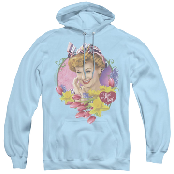 Light blue pullover hoodie with I Love Lucy Springtime graphic