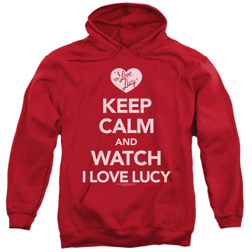 Red pullover hoodie with I Love Lucy Keep Calm And Watch graphic
