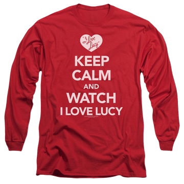 Red men's long sleeve t-shirt with I Love Lucy Keep Calm And Watch graphic
