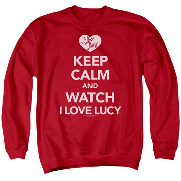 Red men's crewneck sweatshirt with I Love Lucy Keep Calm And Watch graphic