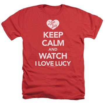 Red men's heather t-shirt with I Love Lucy Keep Calm And Watch graphic