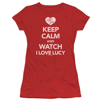 Red juniors t-shirt with I Love Lucy Keep Calm And Watch graphic