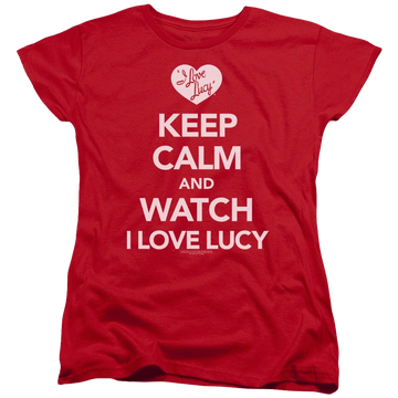 Red women's t-shirt with I Love Lucy Keep Calm And Watch graphic