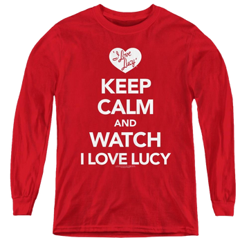 Red youth long sleeve t-shirt with I Love Lucy Keep Calm And Watch graphic