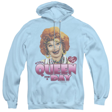 Light blue pullover hoodie with I Love Lucy Gypsy Queen graphic