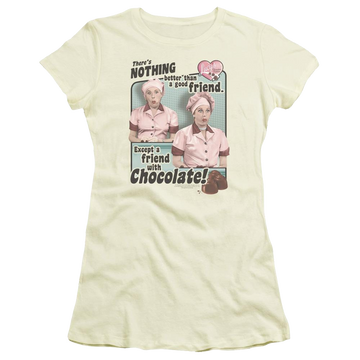 Cream juniors t-shirt with I Love Lucy Friends And Chocolate graphic