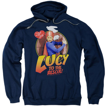 Navy pullover hoodie with I Love Lucy To The Rescue graphic