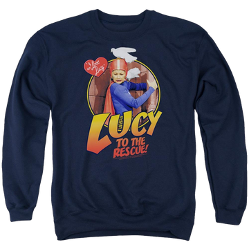 Navy men's crewneck sweatshirt with I Love Lucy To The Rescue graphic