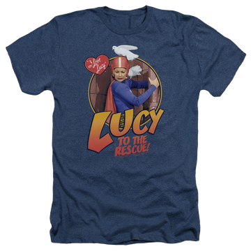 Navy men's heather t-shirt with I Love Lucy To The Rescue graphic