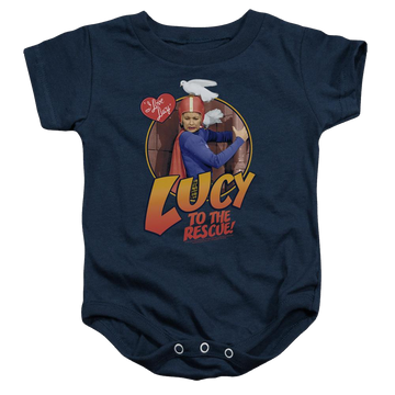 Navy baby bodysuit with I Love Lucy To The Rescue graphic