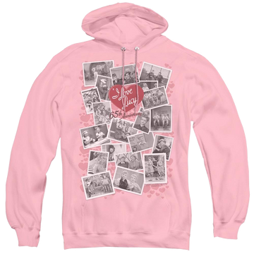 Pink pullover hoodie with I Love Lucy 65Th Anniversary graphic