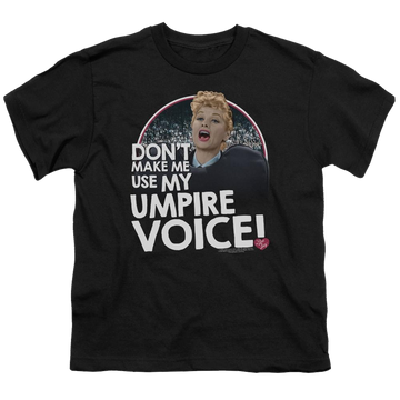 Black youth t-shirt for ages 8 to 12 with I Love Lucy Umpire graphic