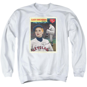 White men's crewneck sweatshirt with I Love Lucy Trading Card graphic