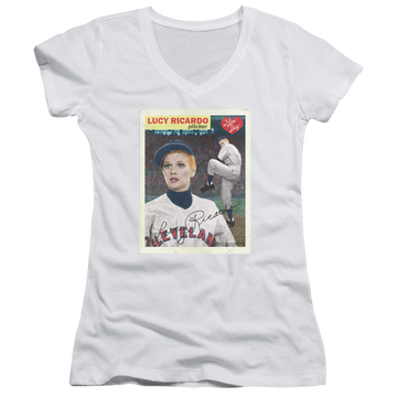 White juniors v-neck t-shirt with I Love Lucy Trading Card graphic