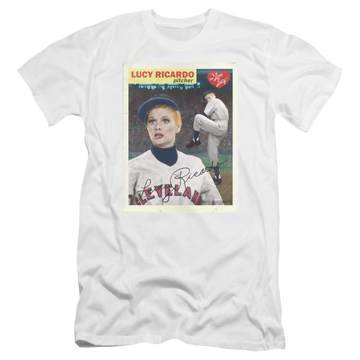 White men's premium slim fit t-shirt with I Love Lucy Trading Card graphic