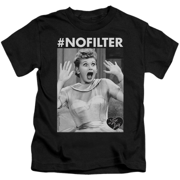 Black kid's t-shirt for ages 4 to 7 with I Love Lucy No Filter graphic