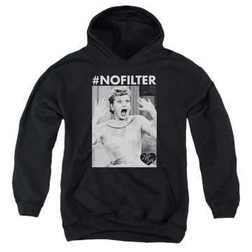 Black youth hoodie for ages 8 to 12 with I Love Lucy No Filter graphic