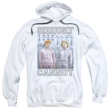 White pullover hoodie with I Love Lucy Seriously Cannot graphic