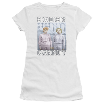 White juniors t-shirt with I Love Lucy Seriously Cannot graphic