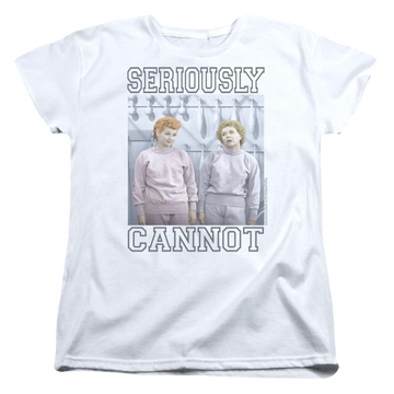 White women's t-shirt with I Love Lucy Seriously Cannot graphic