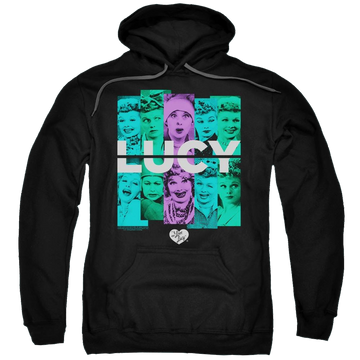 Black pullover hoodie with I Love Lucy Shades Of Lucy graphic