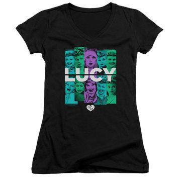 Black juniors v-neck t-shirt with I Love Lucy Shades Of Lucy graphic