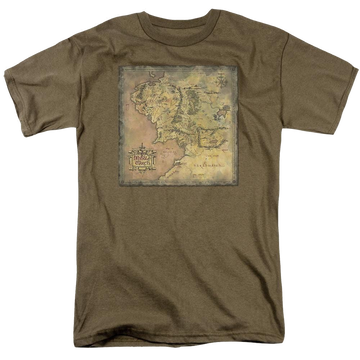 Safari green men's regular fit t-shirt with Lord of the Rings Middle Earth Map graphic