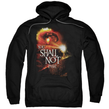 Black pullover hoodie with Lord of the Rings You Shall Not Pass graphic