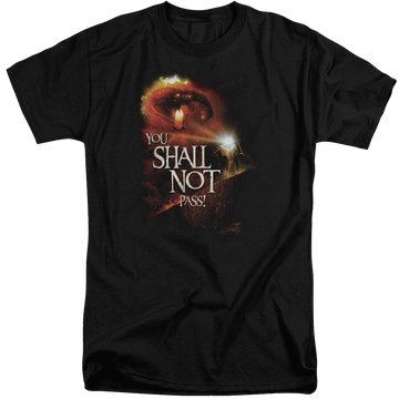 Black men's tall fit t-shirt with Lord of the Rings You Shall Not Pass graphic