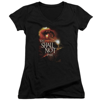 Black juniors v-neck t-shirt with Lord of the Rings You Shall Not Pass graphic