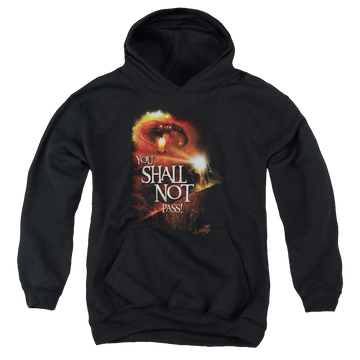 Black youth hoodie for ages 8 to 12 with Lord of the Rings You Shall Not Pass graphic