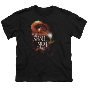 Black youth t-shirt for ages 8 to 12 with Lord of the Rings You Shall Not Pass graphic