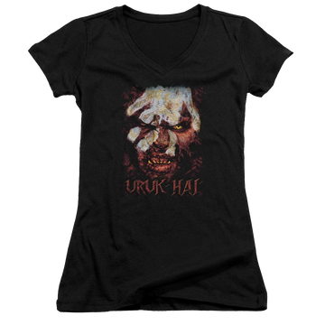 Black juniors v-neck t-shirt with Lord of the Rings Uruk Hai graphic