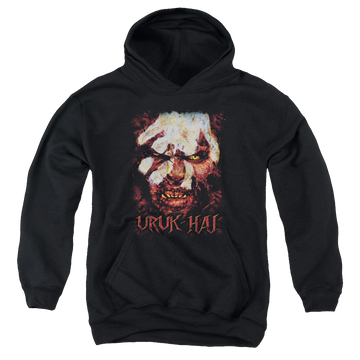 Black youth hoodie for ages 8 to 12 with Lord of the Rings Uruk Hai graphic
